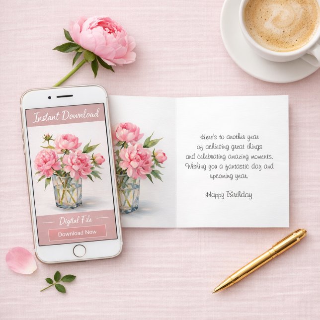 Tarjeta de Feliz Cumpleaños con Peonías Rosadas (Your choice elegant peony birthday card or instant download.  Template artwork for her)