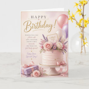 Tarjeta de Feliz Cumpleaños con Tarta Floral Rosa