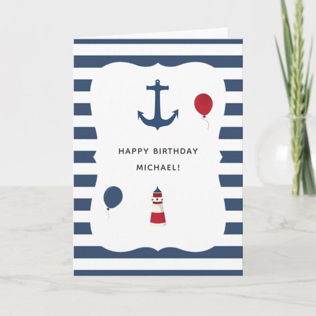 Tarjeta de Feliz Cumpleaños con tema Náutico (Anverso)