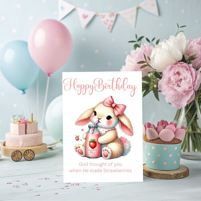 Tarjeta de Feliz Cumpleaños Cristiana de Conejo Ni (Cute Christian Greetings and wishes for your little girl who loves strawberries. )
