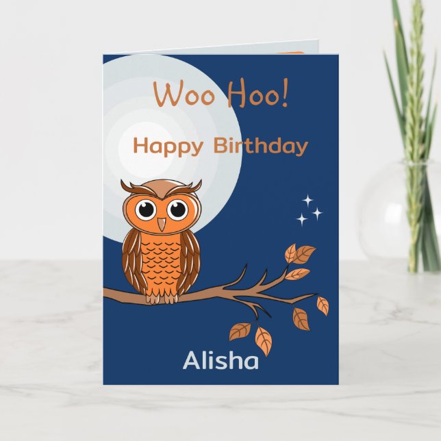 Tarjeta de Feliz Cumpleaños de Búho y Luna Doble (Anverso)