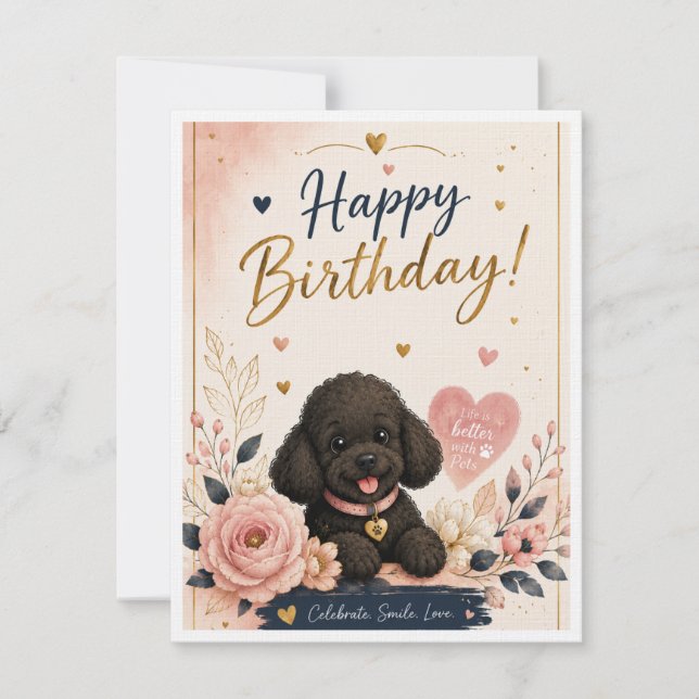Tarjeta de Feliz Cumpleaños de Caniche Adorable –  (Anverso)