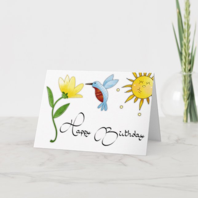Tarjeta de Feliz Cumpleaños de Colibrí con Flor 2 (Anverso)
