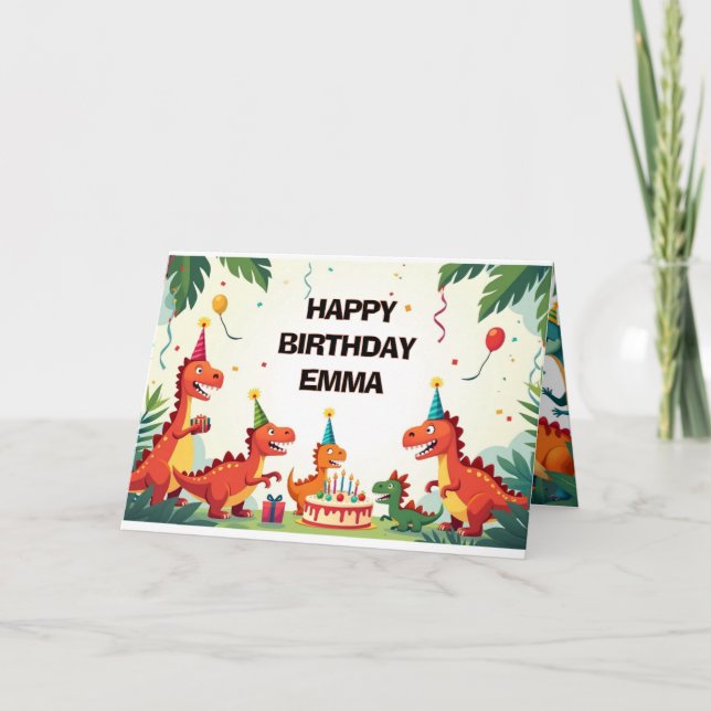 Tarjeta de Feliz Cumpleaños de Dinosaurio – Fiesta (Anverso)