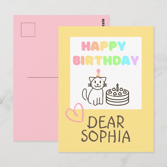 Tarjeta de Feliz Cumpleaños de Gato Arcoíris (Anverso / Reverso)