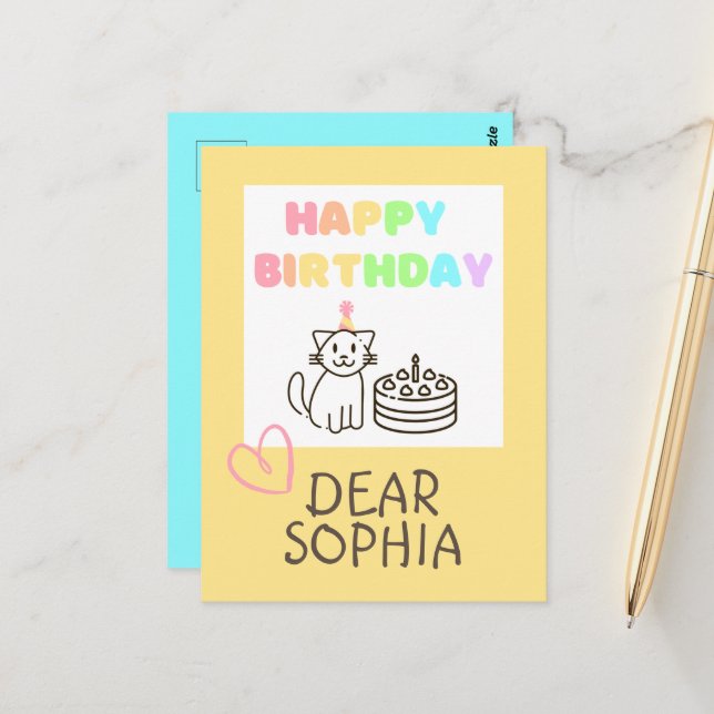 Tarjeta de Feliz Cumpleaños de Gato Arcoíris (Anverso/Reverso In Situ)