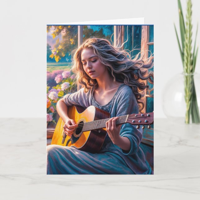 Tarjeta de Feliz Cumpleaños de NIÑA con guitarra a (Anverso)