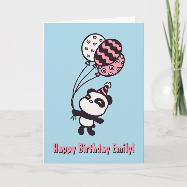 Tarjeta de Feliz Cumpleaños de Panda Lindo y Globo (Anverso)