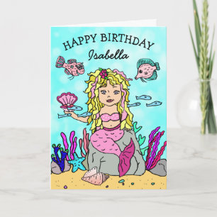 Tarjeta de Feliz Cumpleaños de Sirena Rosa y Rubia