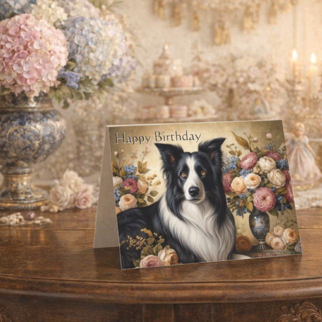 Tarjeta de Feliz Cumpleaños Doble con Border Colli (Elegant vintage Border Collie birthday card for dog lovers )