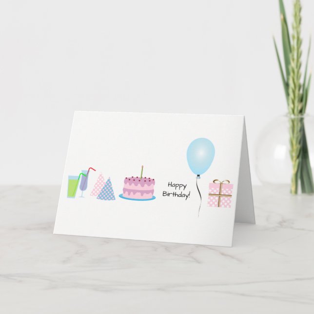 Tarjeta de Feliz Cumpleaños - en rosa y azul (Anverso)
