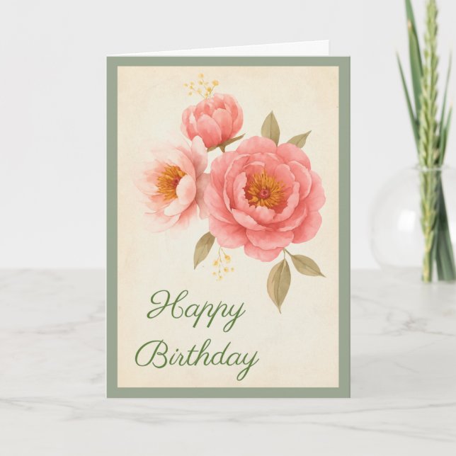 Tarjeta de Feliz Cumpleaños Floral de Rosas Rosada (Anverso)