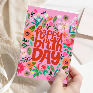 Tarjeta de Feliz Cumpleaños Floral Rosa Brillante