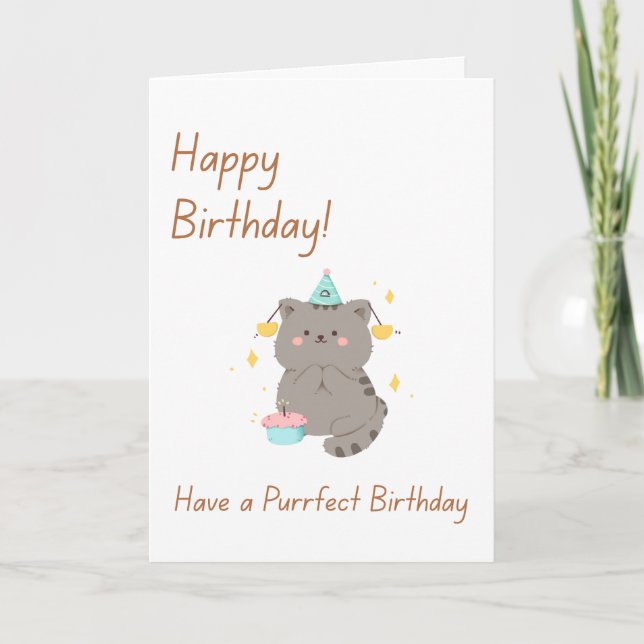 Tarjeta de Feliz Cumpleaños para Gato Gris Adorabl (Anverso)