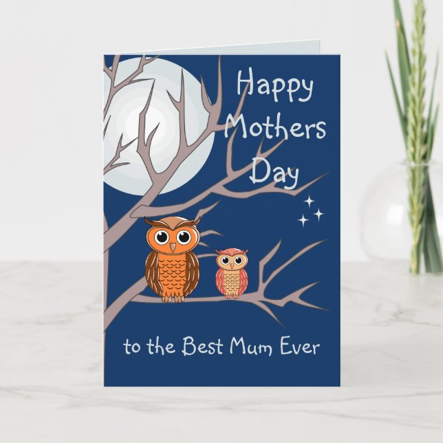 Tarjeta de Feliz Día de la Madre de Búhos Doblada (Anverso)