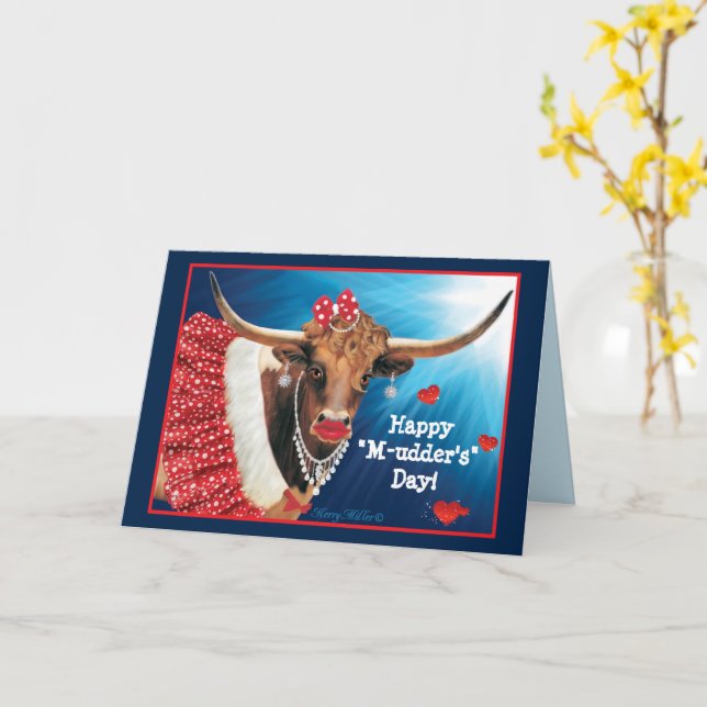 Tarjeta de Feliz Día de la Madre de Vaca Longhorn (flor amarilla)