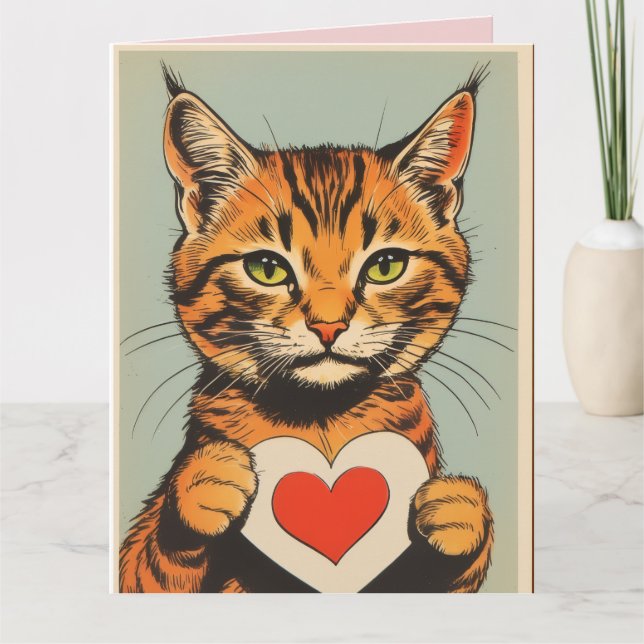 Tarjeta de Feliz Día de San Valentín de gato atigr (Anverso)