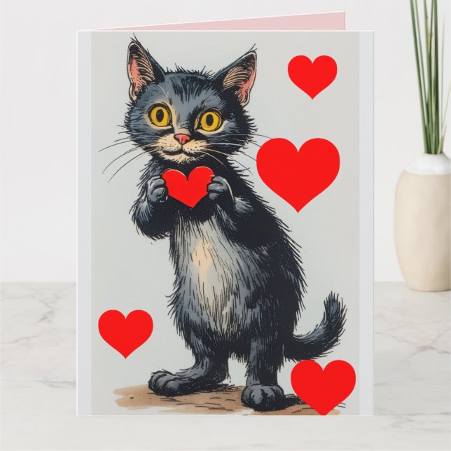 Tarjeta de Feliz Día de San Valentín Gato Negro Vi (Anverso)