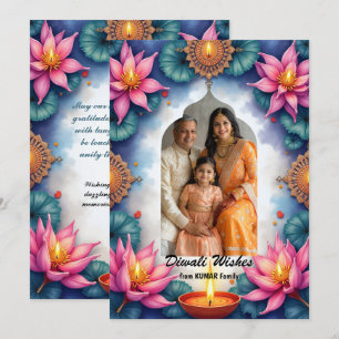 Tarjeta de Feliz Diwali con Loto en Acuarela