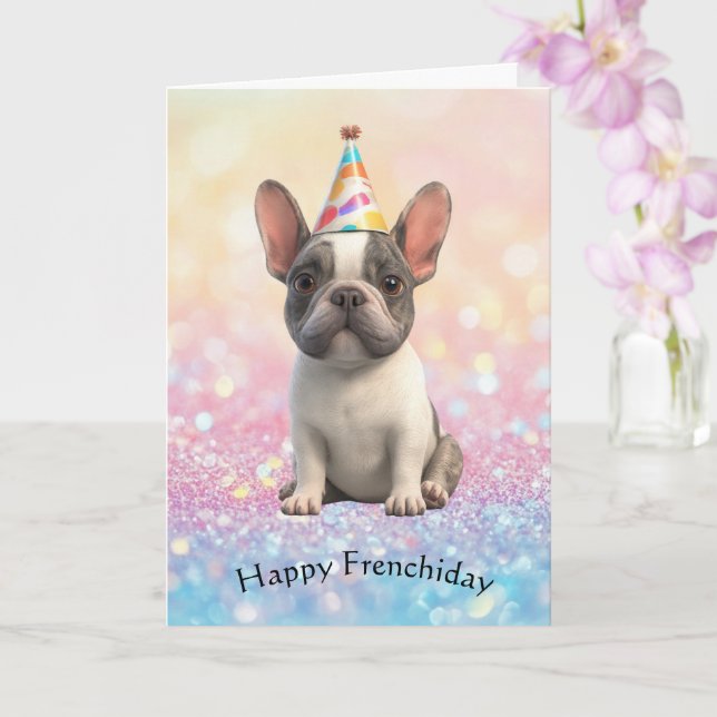 Tarjeta de "Feliz Frenchiday" de Bulldog Francés (Orquídea)