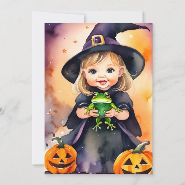 Tarjeta de Feliz Halloween Bruja Pequeña y Linda (Anverso)