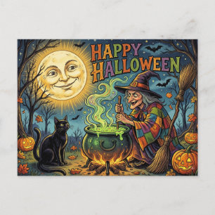 Tarjeta de Feliz Halloween, Bruja Retro de los año