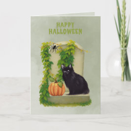 Tarjeta de Feliz Halloween con Gato Negro en Tumba