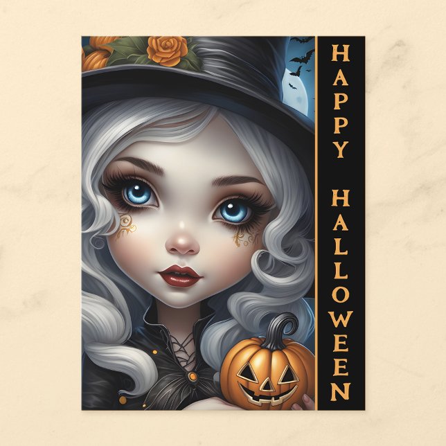 Tarjeta de Feliz Halloween de Bruja con Calabaza T (🧙‍♀️ Spooky Greetings: Witch Doll Halloween Postcard! 🎃)