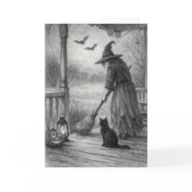 Tarjeta de Feliz Halloween de Bruja, Gato y Murcié