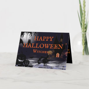 Tarjeta de Feliz Halloween de Bruja Voladora y Cas