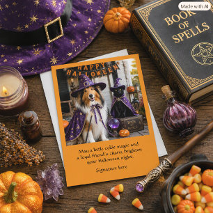 Tarjeta de Feliz Halloween de Collie y Gato Brujo 