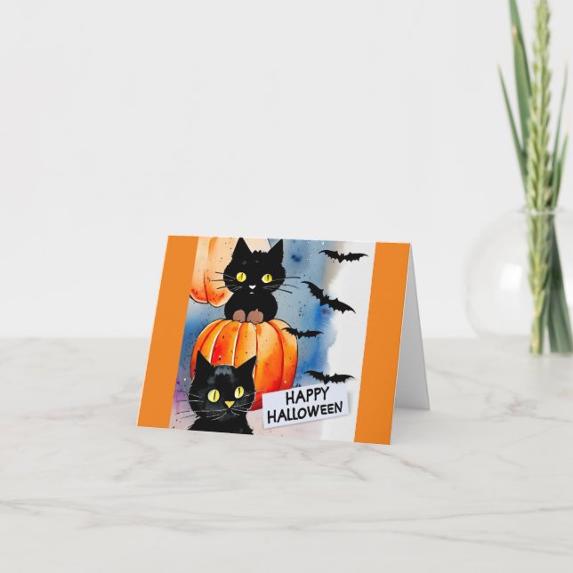 Tarjeta de Feliz Halloween de Gatos y Murciélagos (Anverso)