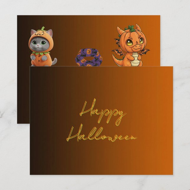 Tarjeta de Feliz Halloween de Monstruos Adorables (Anverso / Reverso)