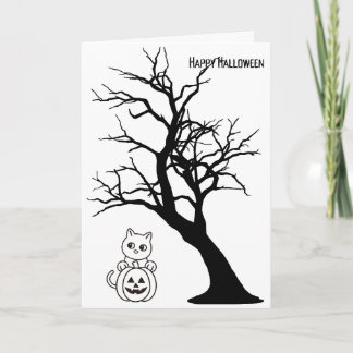 Tarjeta de Feliz Halloween Gato Calabaza Árbol
