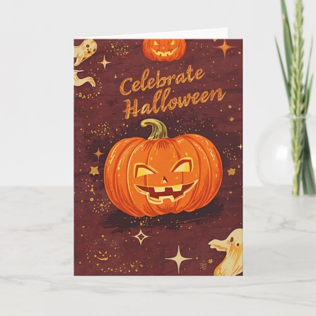Tarjeta de Feliz Halloween Retro – Celebra Hallowe (Anverso)