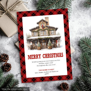 Tarjeta de Feliz Navidad a Cuadros Rojos de País O