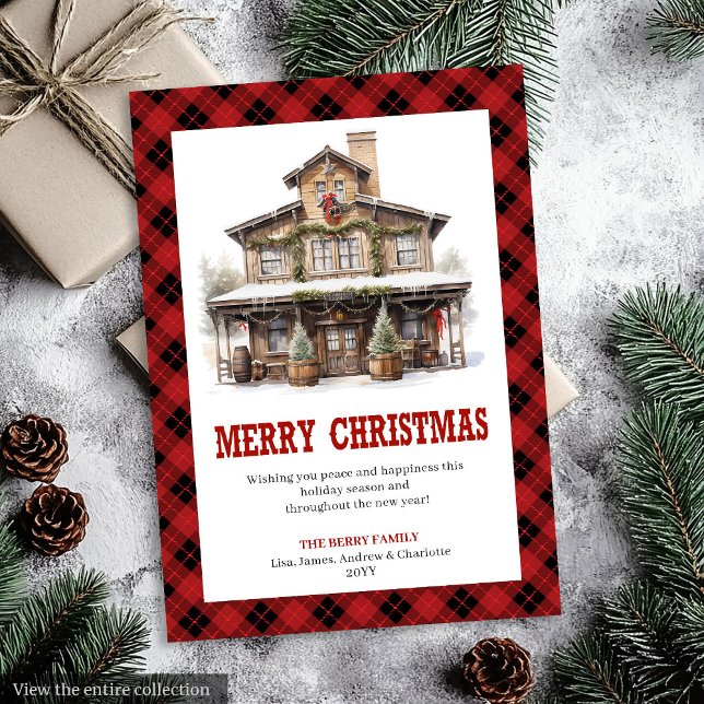 Tarjeta de Feliz Navidad a Cuadros Rojos de País O (Western Country Red Plaid Holiday Greeting Card)