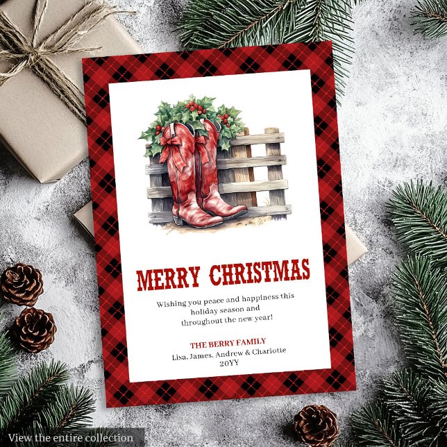 Tarjeta de Feliz Navidad a Cuadros Rojos Rústica O (Western Rustic Red Plaid Christmas Greeting Card)