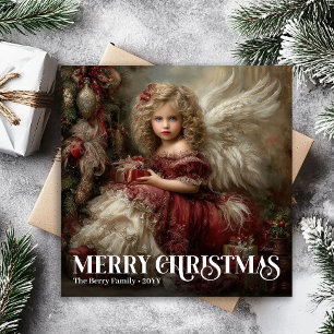 Tarjeta de Feliz Navidad Ángel Burgundy Verde Vint
