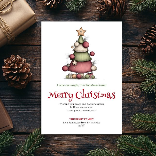Tarjeta de Feliz Navidad Árbol de Navidad Divertid (Playful Funny Christmas Tree Watercolor Greeting)