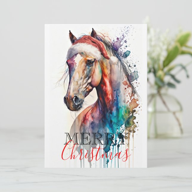 Tarjeta de Feliz Navidad Caballo con Gorro de Sant (Anverso de pie)