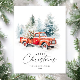 Tarjeta de Feliz Navidad Camioneta Roja Retro Agrí