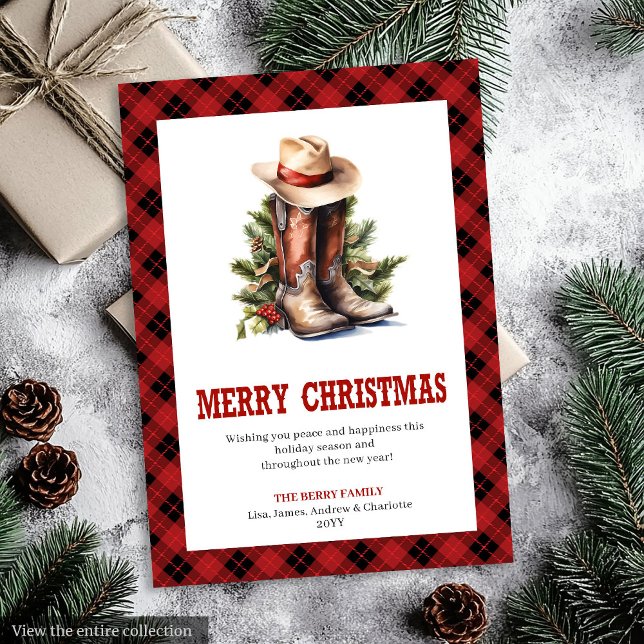 Tarjeta de Feliz Navidad Clásica de Cuadro Escocés (Classic Western Plaid Buffalo Xmas Greeting Card)