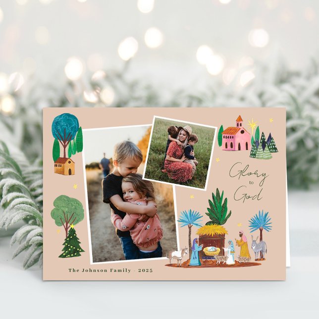 Tarjeta de Feliz Navidad con 2 Fotos de Escena de  (Nativity Scenen 2 Photos Christmas Greeting Card)
