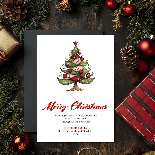 Tarjeta de Feliz Navidad con Árbol Artístico y Cap (Artistic Whimsical Christmas Tree Greeting Card)