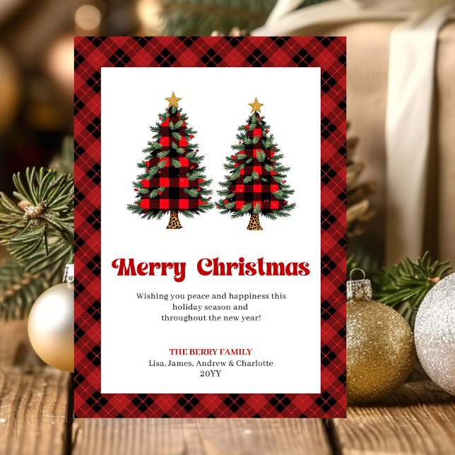 Tarjeta de Feliz Navidad con árbol de Navidad a cu (Festive Buffalo Plaid Christmas Tree Greeting)