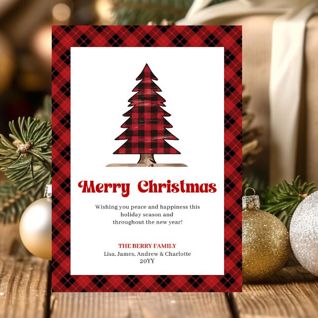 Tarjeta de Feliz Navidad con árbol de Navidad a cu (Festive Buffalo Check Christmas Tree Greeting Card)