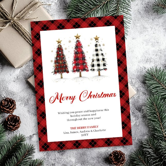 Tarjeta de Feliz Navidad con Árbol de Plaid de Búf (Fun Buffalo Plaid Christmas Tree Holiday Greeting)