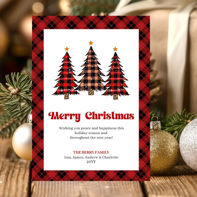 Tarjeta de Feliz Navidad con Árboles de Cuadro Buf (Festive Buffalo Plaid Trees Holiday Greeting Card)