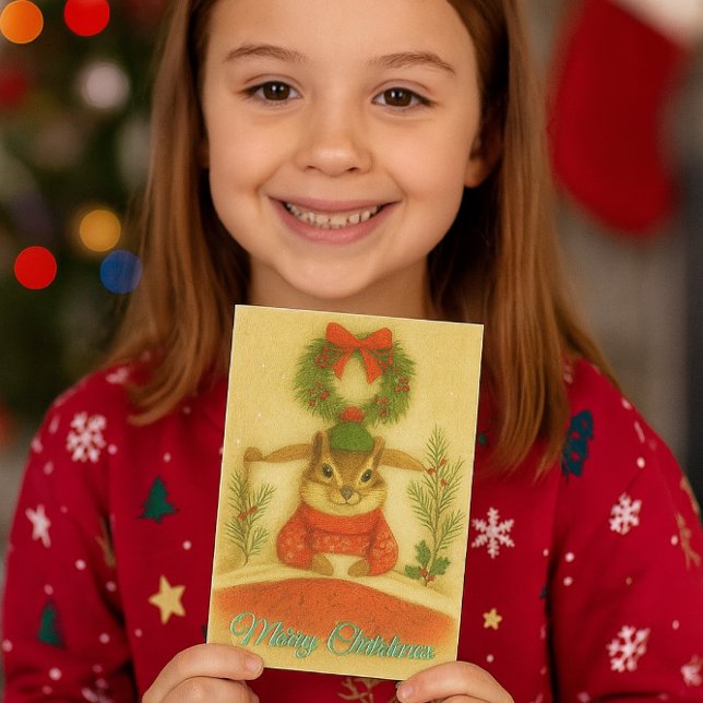 Tarjeta de Feliz Navidad con Ardilla Juguetona (whimsical Christmas chipmunk card.  Perfect for kids and adults who love nature and wildlife )